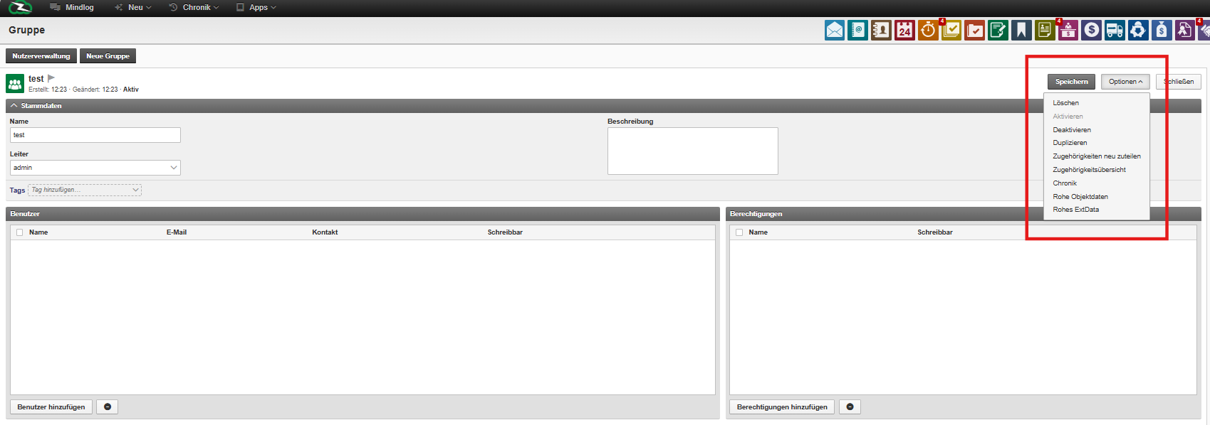 Group options panel for configuring access permissions