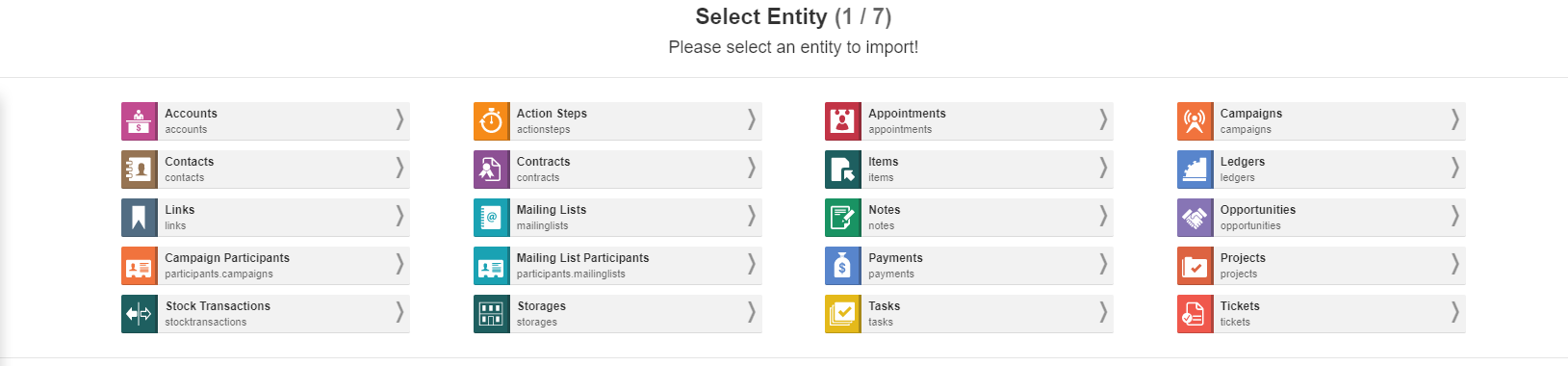 Entity selection step showing available import targets