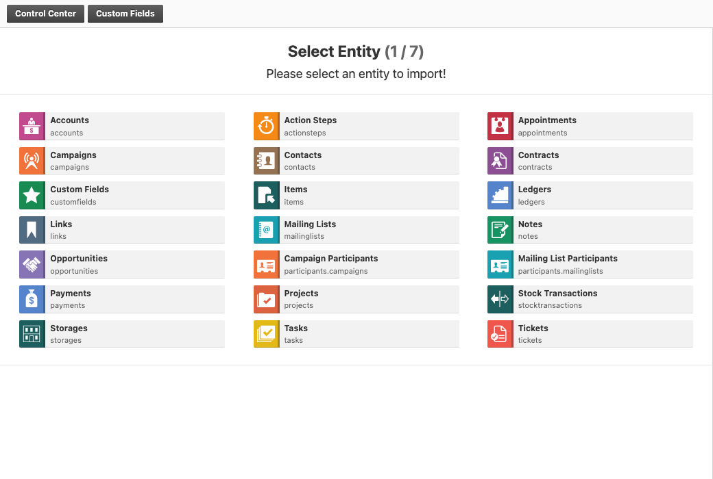 Entity selection step showing available import targets