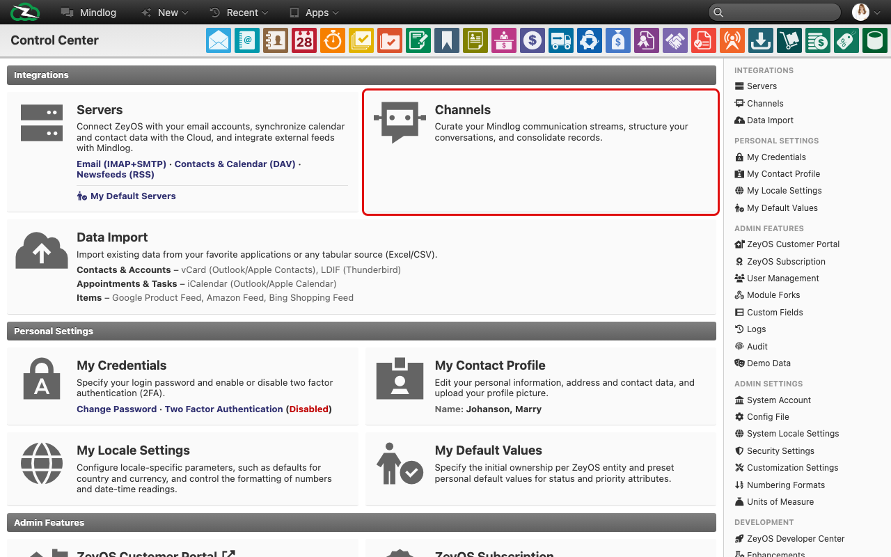 Channels list showing name, owner, and record count columns