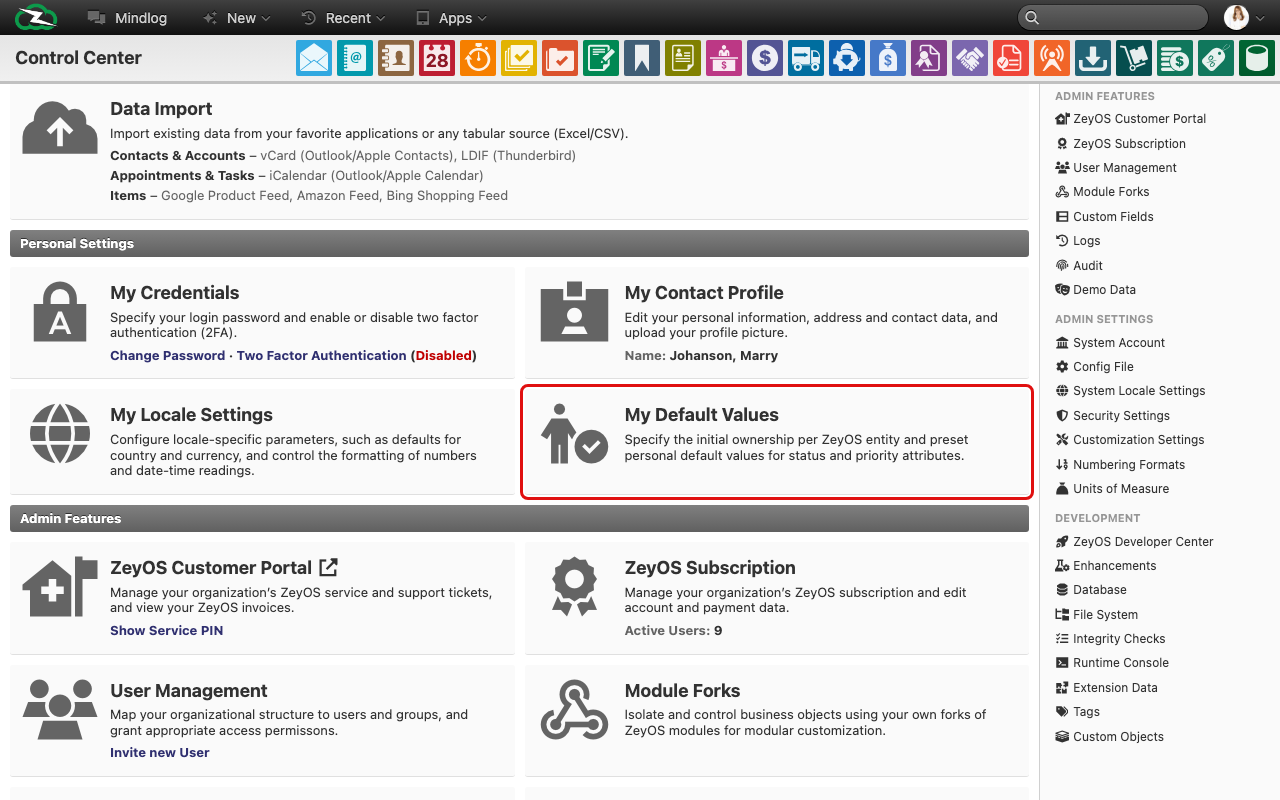 Custom fields configuration page