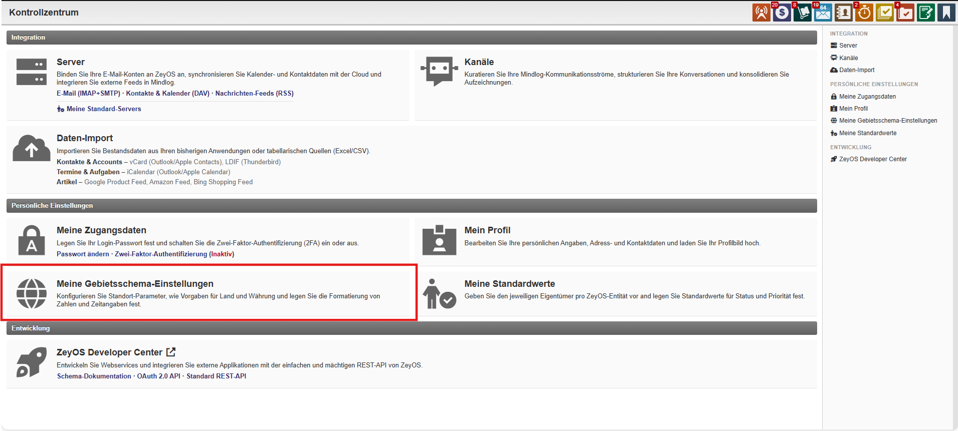 Localization settings showing language, country, and date format options