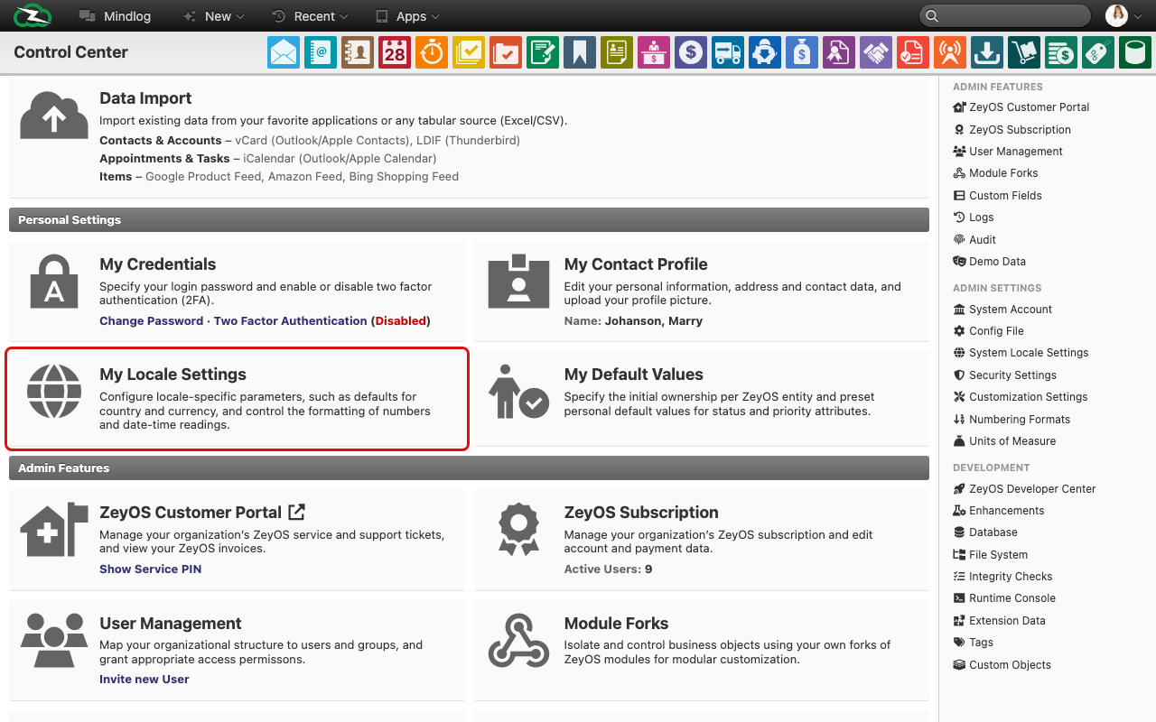 Localization settings showing language, country, and date format options