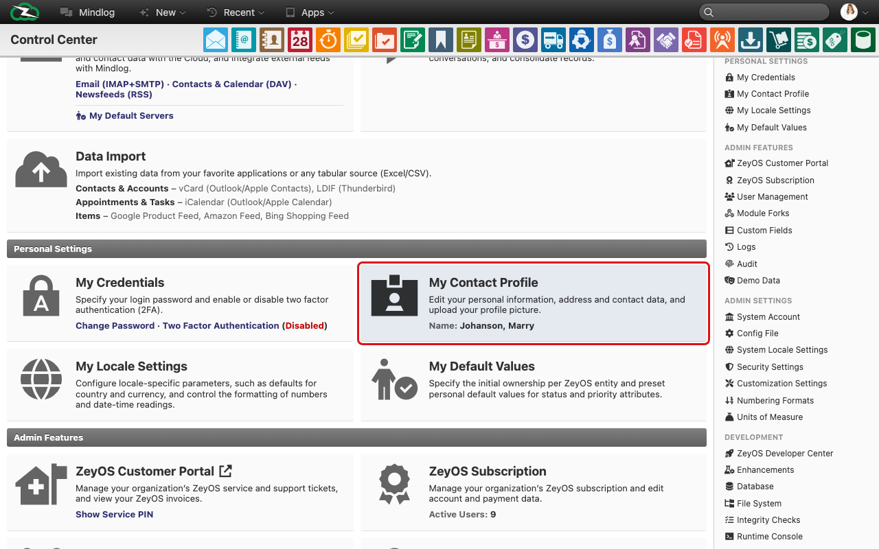 Personal settings page with profile, locale, and defaults sections