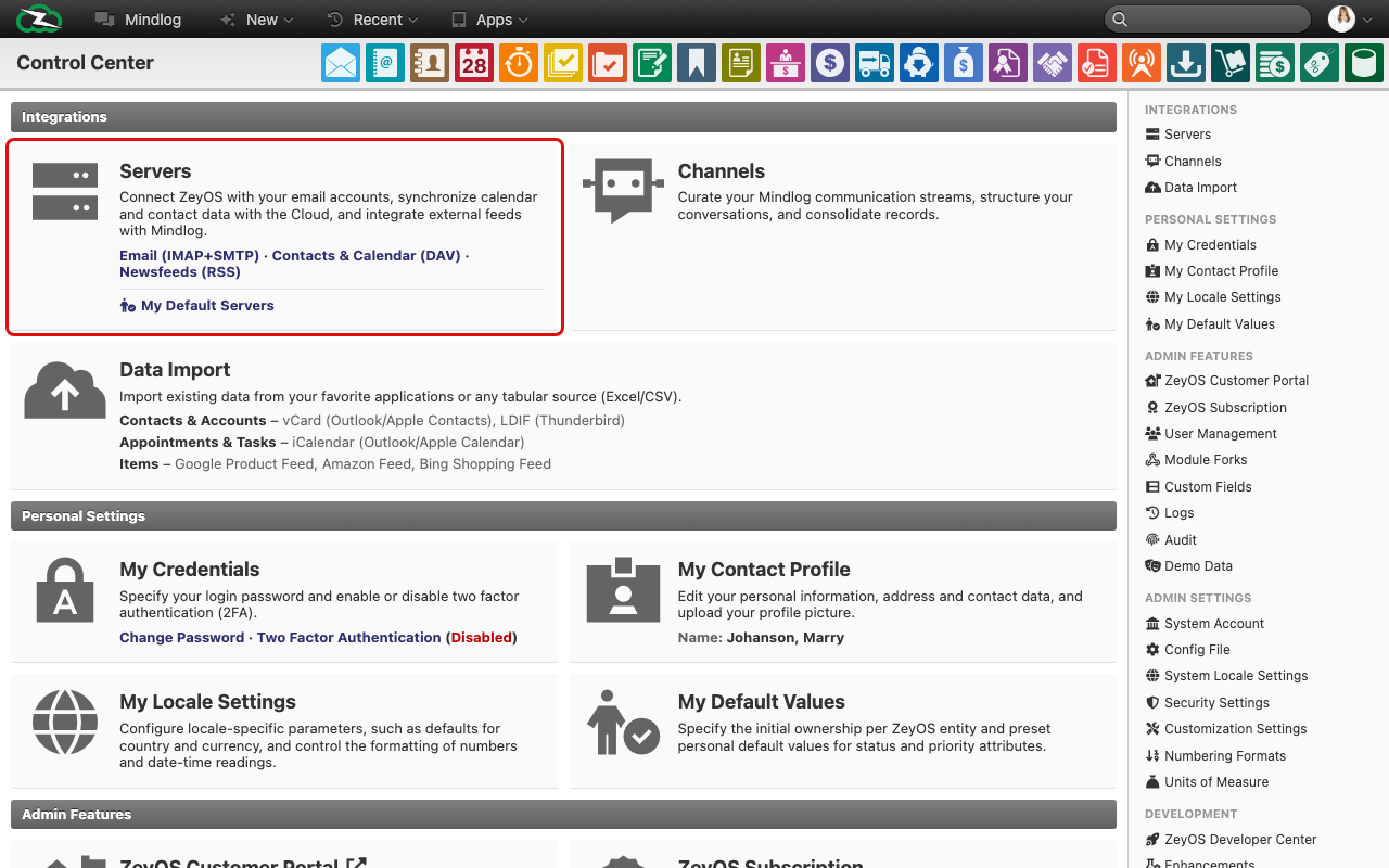Servers page with mail, DAV, and feed server tabs