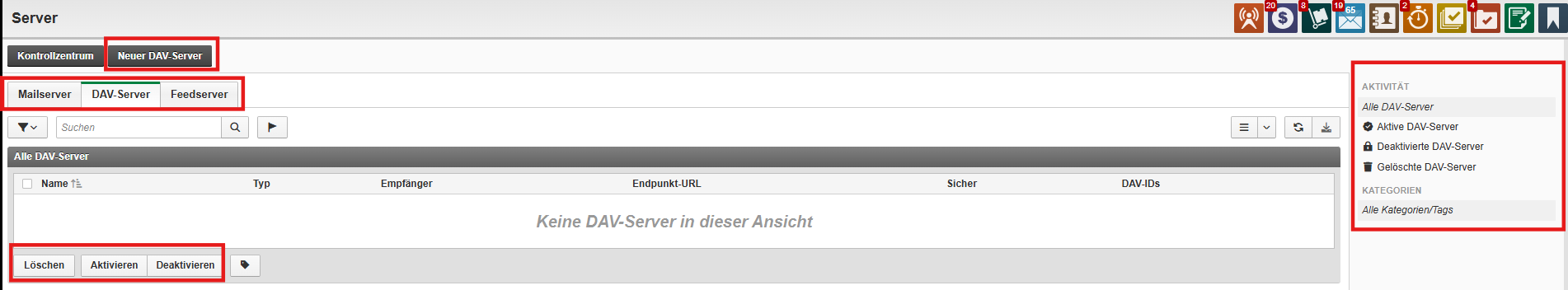Server overview with list of configured mail, DAV, and feed servers
