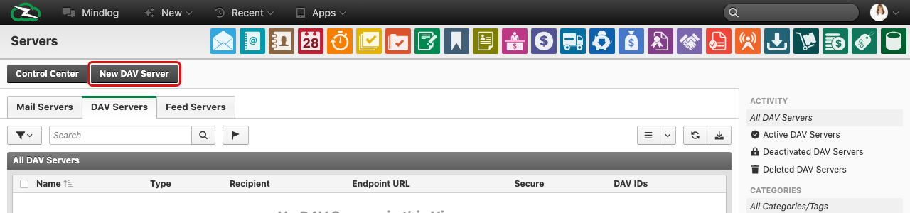 Server overview with list of configured mail, DAV, and feed servers