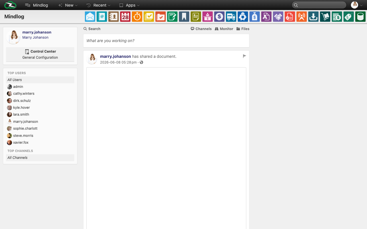 The Mindlog dashboard with activity feed, sidebar, and message input
