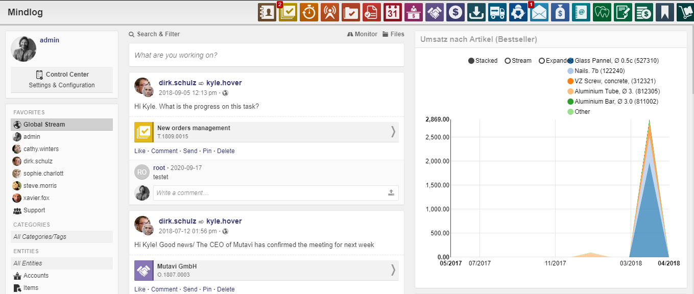 The Mindlog dashboard with activity feed, sidebar, and message input