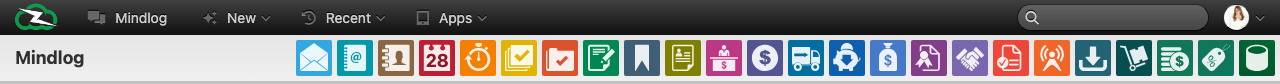 The ZeyOS top menu: ① the Mindlog button, ② the New / Recent / Apps drawers, ③ the shortcut bar, ④ the search field, ⑤ the user menu