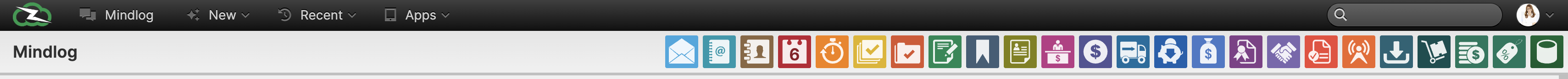 The ZeyOS top menu: ① the Mindlog button, ② the New / Recent / Apps drawers, ③ the shortcut bar, ④ the search field, ⑤ the user menu