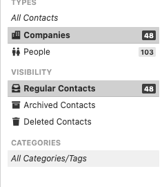 The right sidebar showing the Types, Visibility, and Categories filter sections