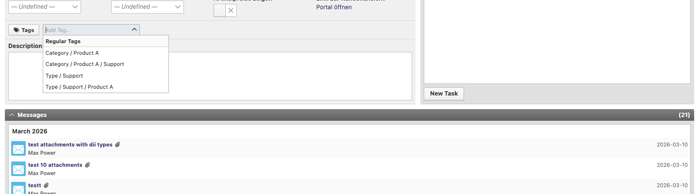 Tag dropdown open on an element's detail view, showing available tags grouped by section
