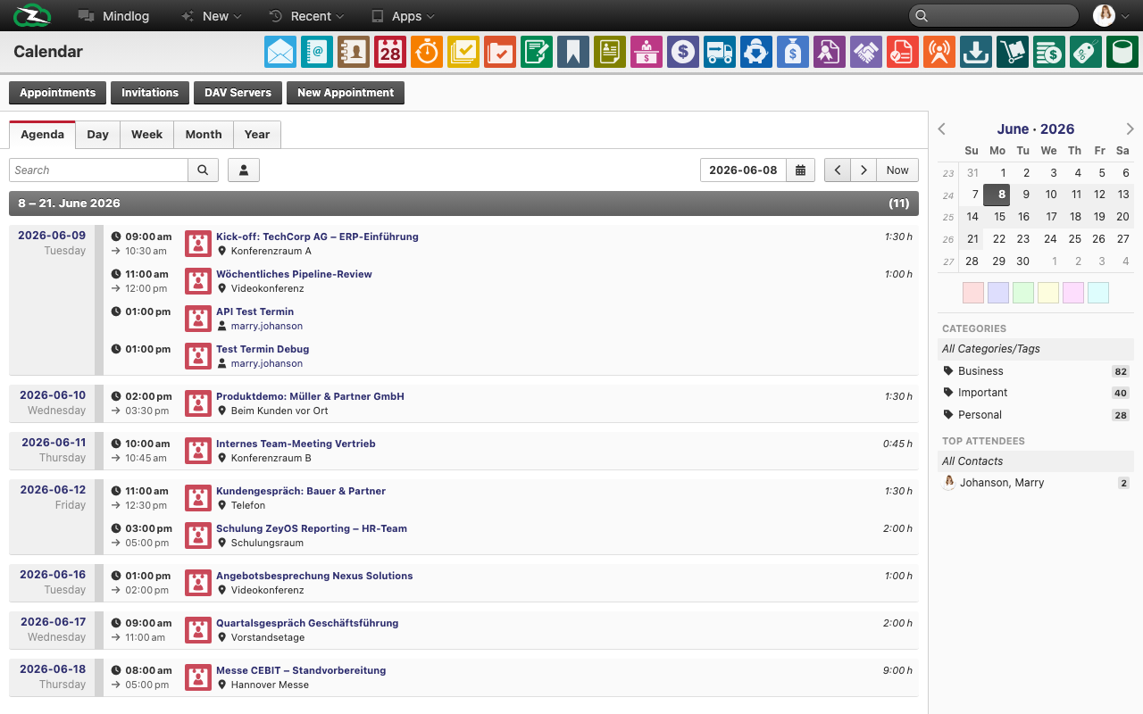 Calendar agenda view listing upcoming appointments grouped by date range