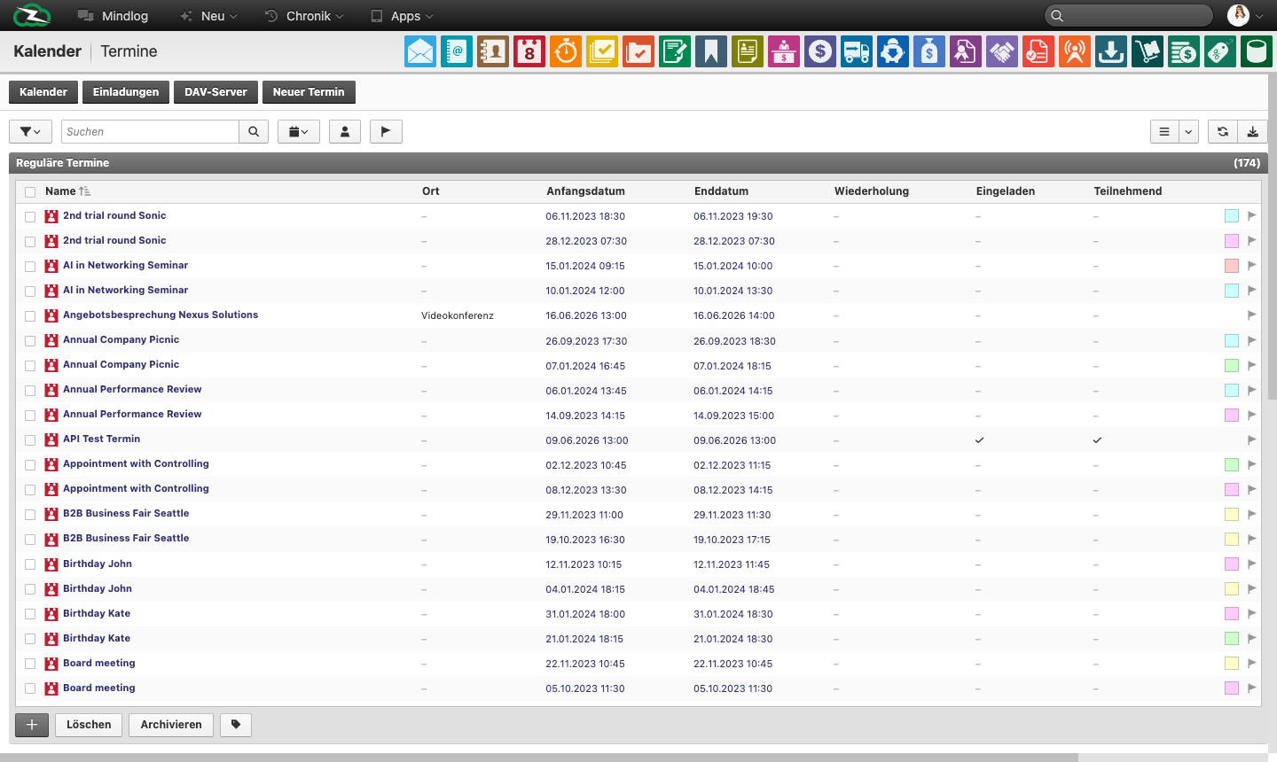 Appointments list view with all scheduled entries, assignees, start and end dates, and recurrence information