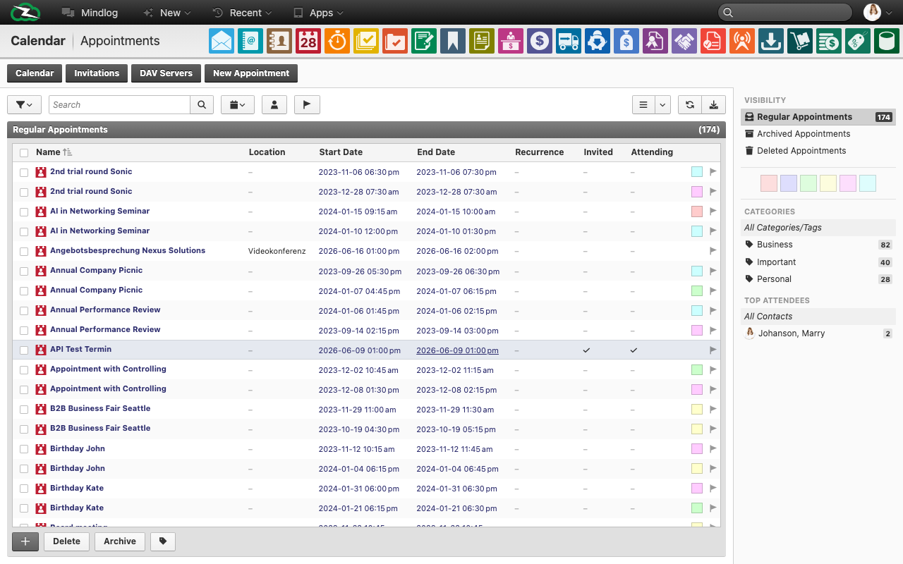Appointments list view with all scheduled entries, assignees, start and end dates, and recurrence information