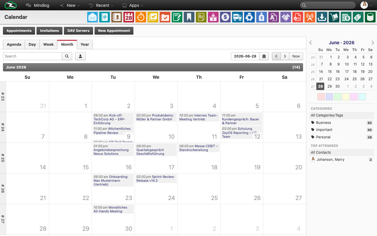 Calendar month view showing all team appointments with category colors, a mini calendar in the sidebar, and filters for categories and top attendees