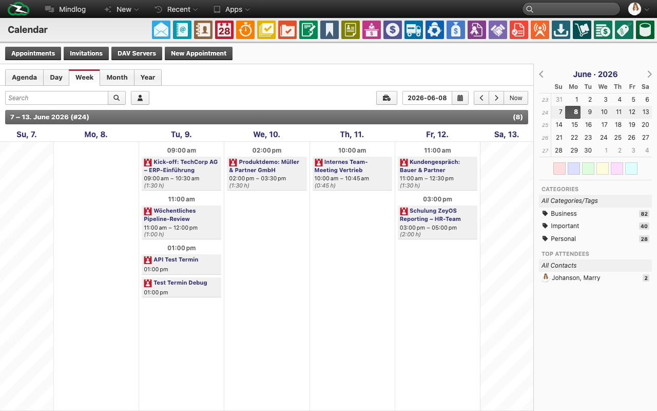 Calendar week view displaying appointment time slots and durations across the current week