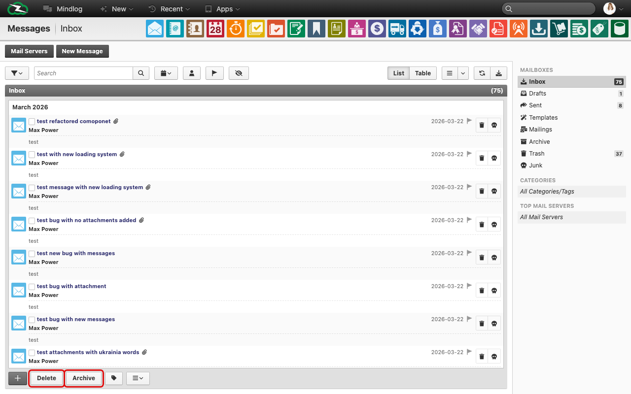 Delete and archive actions for removing or archiving selected messages