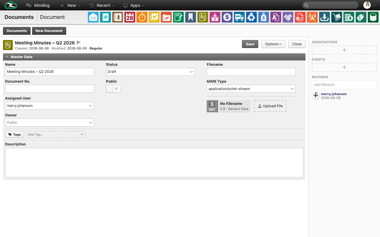 Document form showing name, document number, status, public flag, assignee, owner, tags, MIME type, and file upload area
