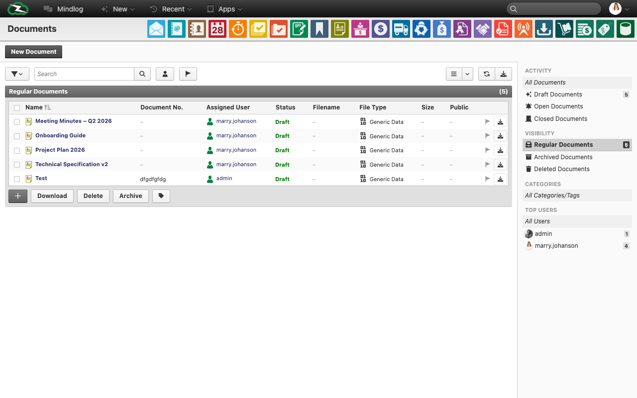 Documents list showing document records with name, document number, assignee, status, filename, file type, and size