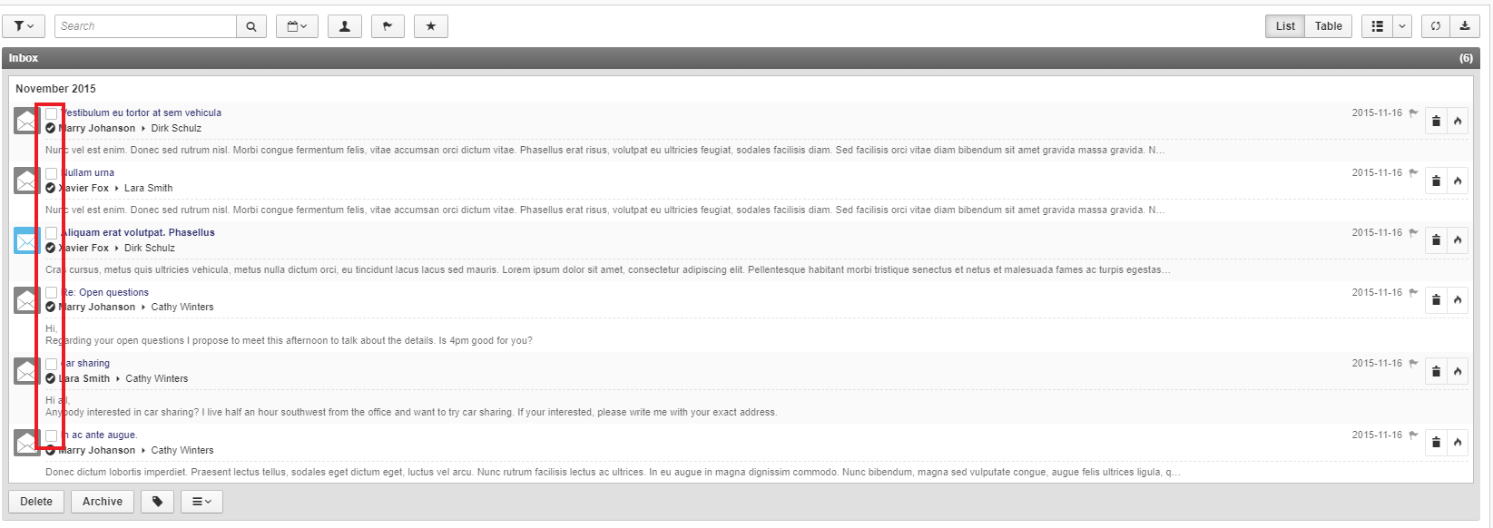 Email selection with checkboxes for batch actions on multiple messages