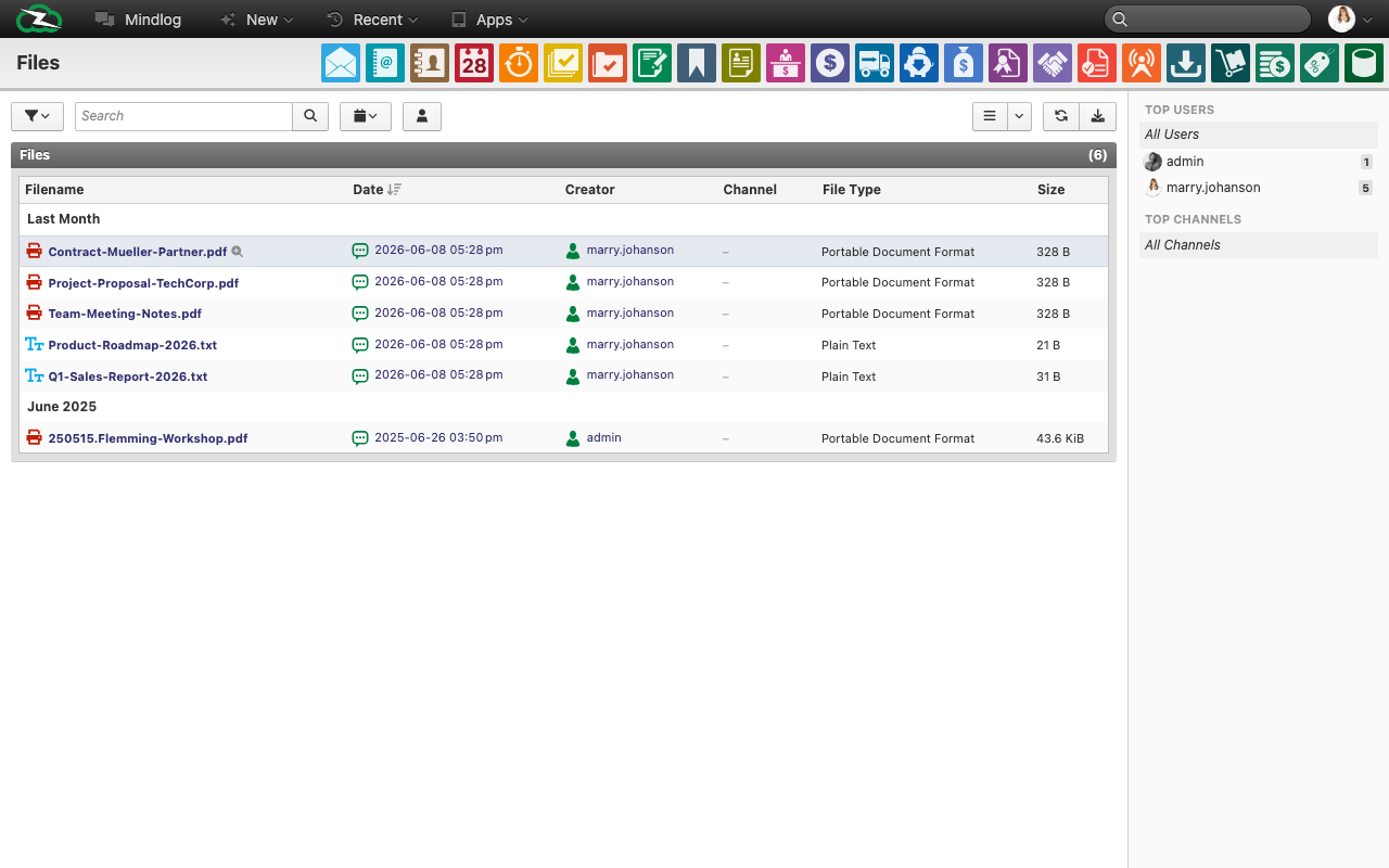 Files browser showing uploaded files grouped by date, with filename, creator, channel, file type, and size columns