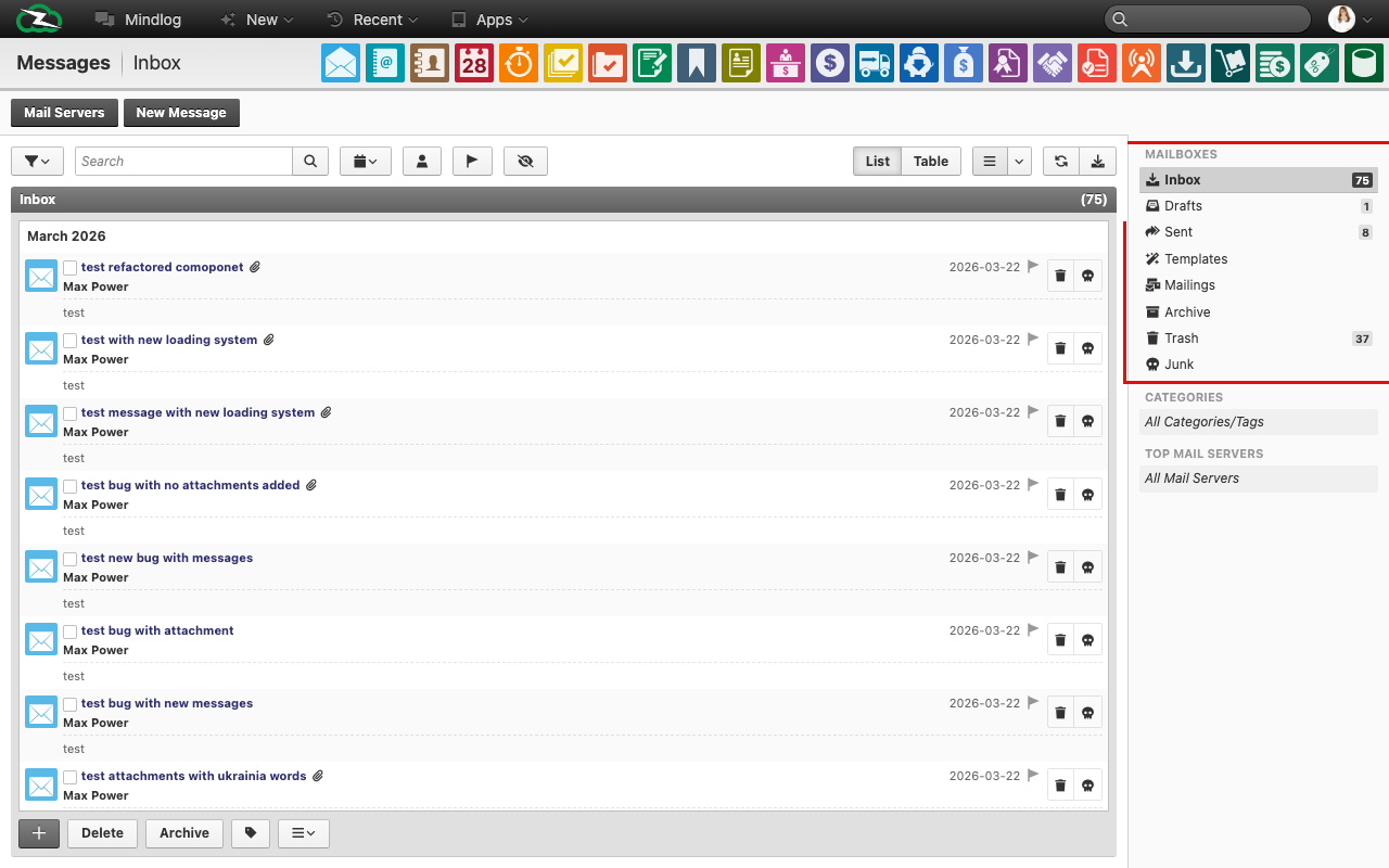Inbox mailbox view showing received messages with sender, subject, and date columns