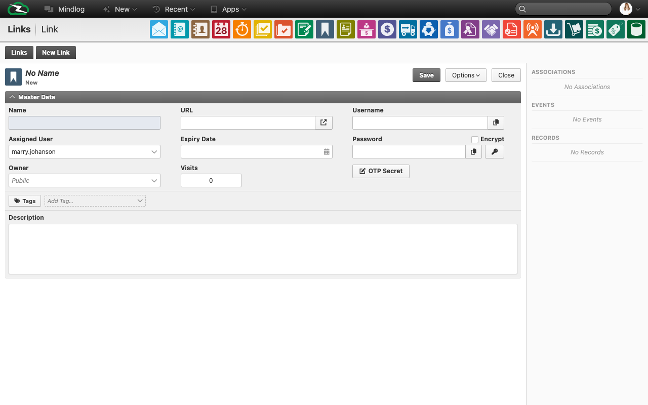 New link form with name, URL, assignee, owner, username, password, OTP secret, and tags fields