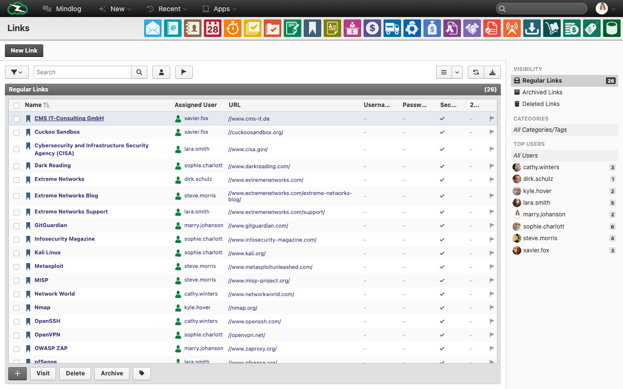 Links list showing saved bookmarks with name, assignee, URL, and visit count columns, and a New Link button in the toolbar