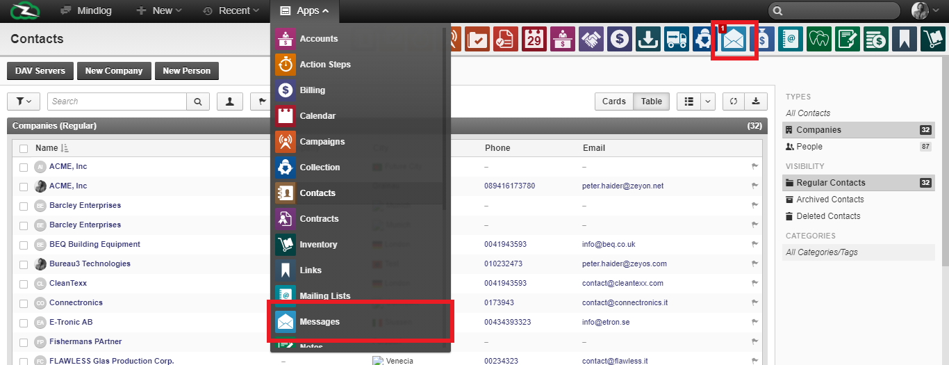 Messages module list view with filters and mailbox navigation