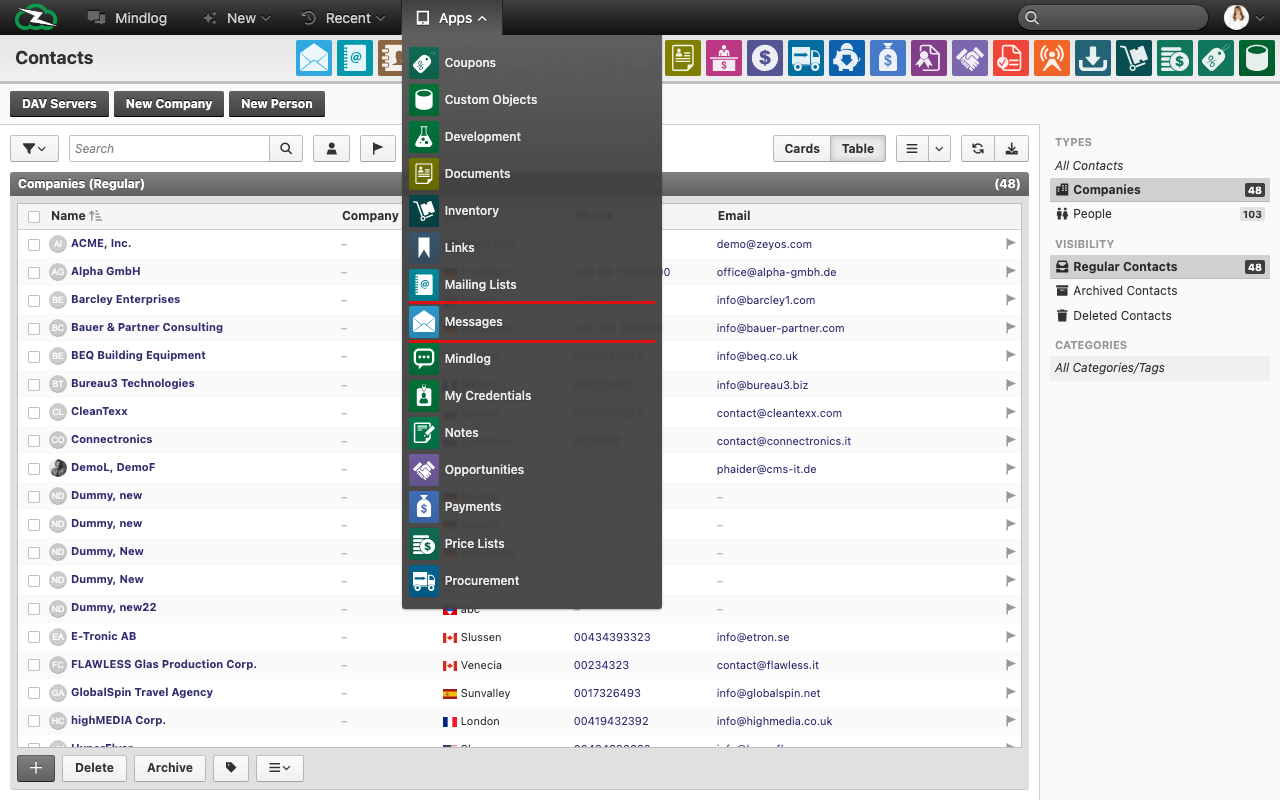 Messages module list view with filters and mailbox navigation