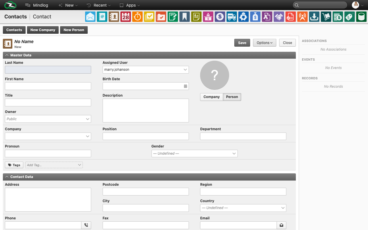 New company contact form with name, address, and communication fields