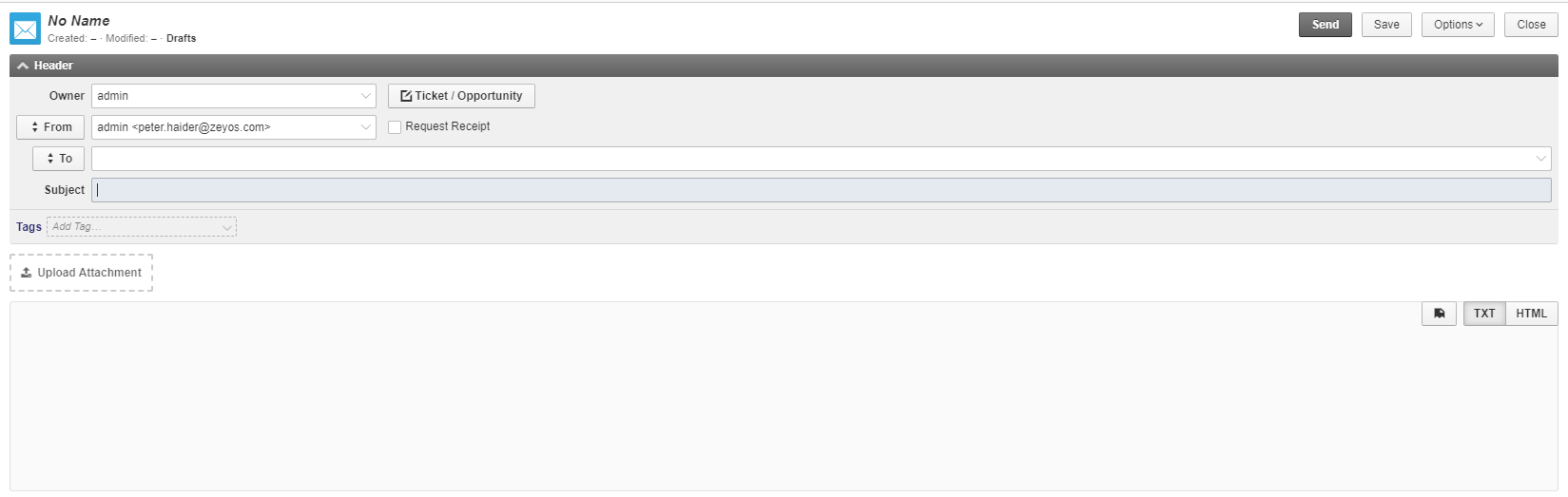 Composing a new email with recipient, subject, and body fields