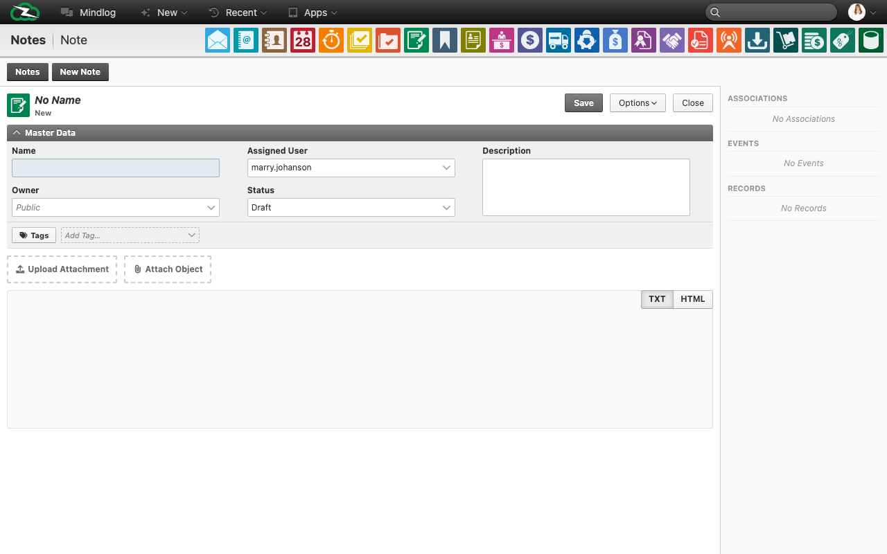 New note form with name, assignee, owner, status, tags, and a rich text editor for the note content