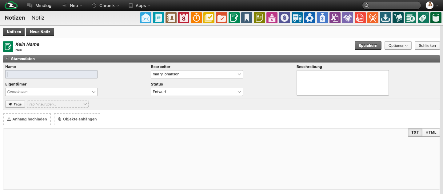 New note form with name, assignee, owner, status, tags, and a rich text editor for the note content