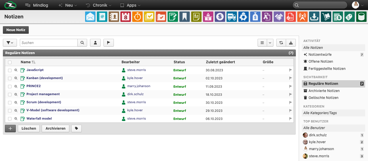 Notes list showing regular notes with sidebar filters for activity, visibility, categories, and top users