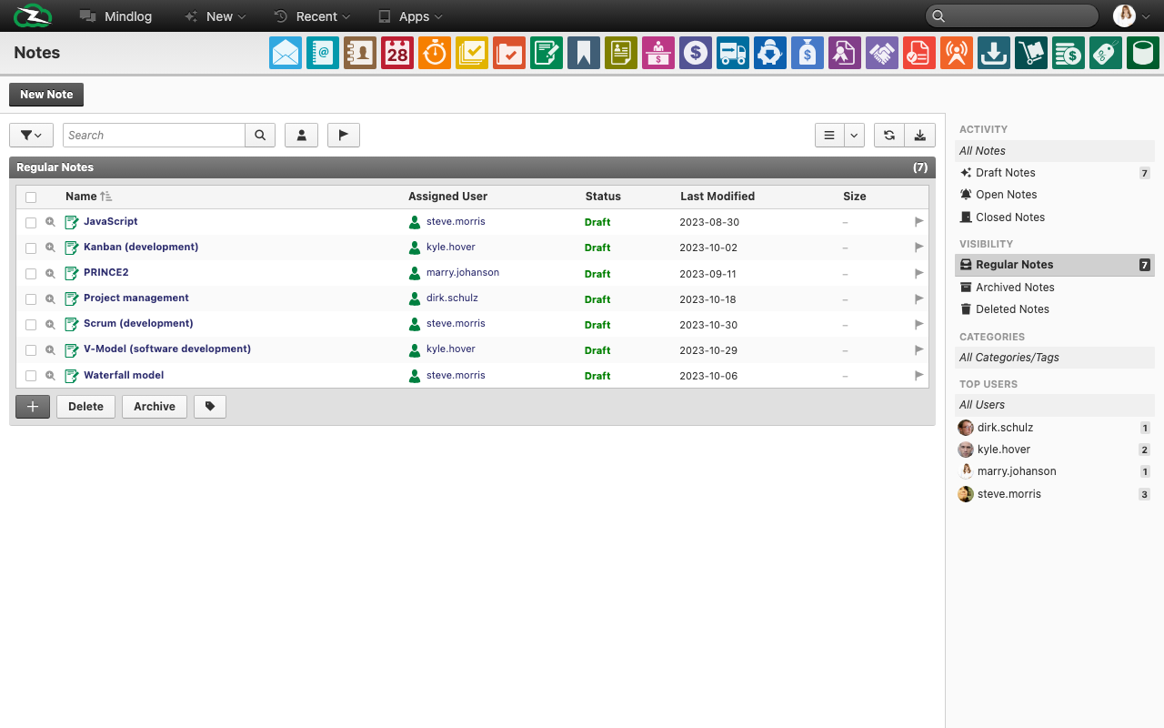 Notes list showing regular notes with sidebar filters for activity, visibility, categories, and top users
