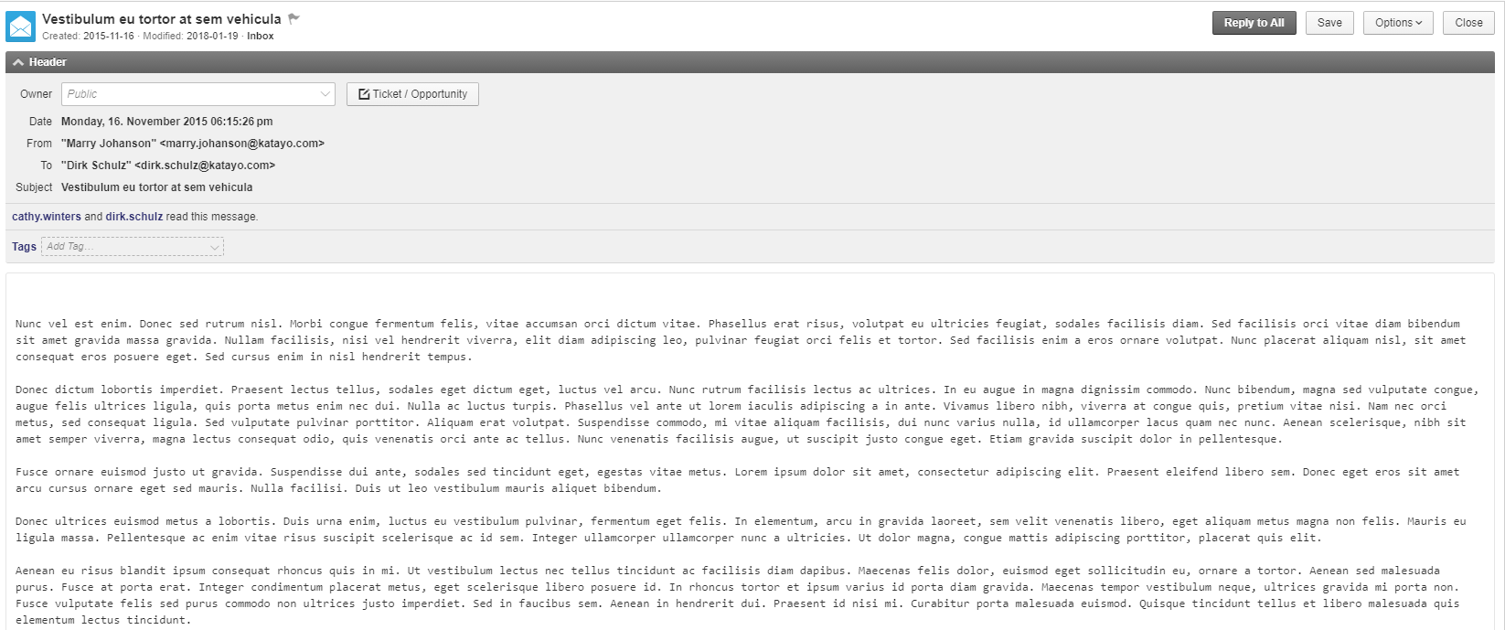 Open email view showing message content with reply, forward, and archive actions