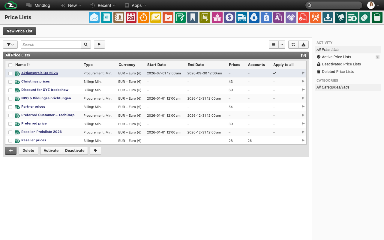Live price-list overview