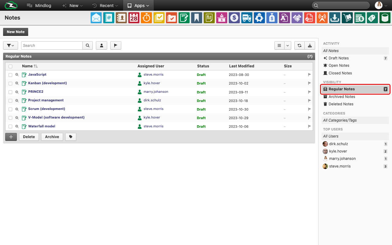 Notes list with the sidebar highlighting Draft Notes, Open Notes, and Closed Notes under Activity, and Regular, Archived, and Deleted Notes under Visibility