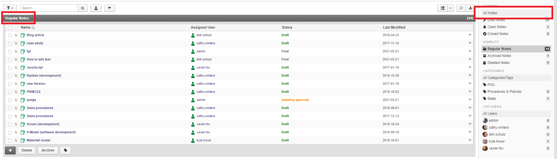 Notes list with the sidebar highlighting Draft Notes, Open Notes, and Closed Notes under Activity, and Regular, Archived, and Deleted Notes under Visibility