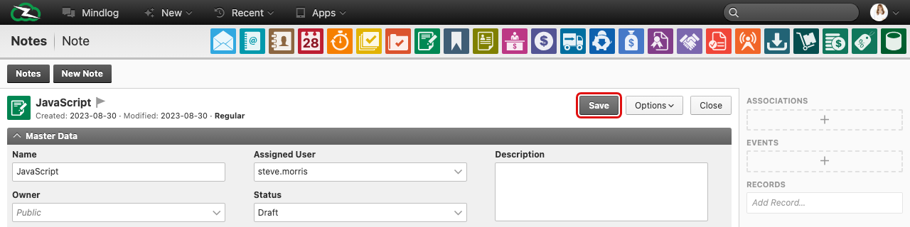 Note editor showing the rich text toolbar and the Save button highlighted in the top right
