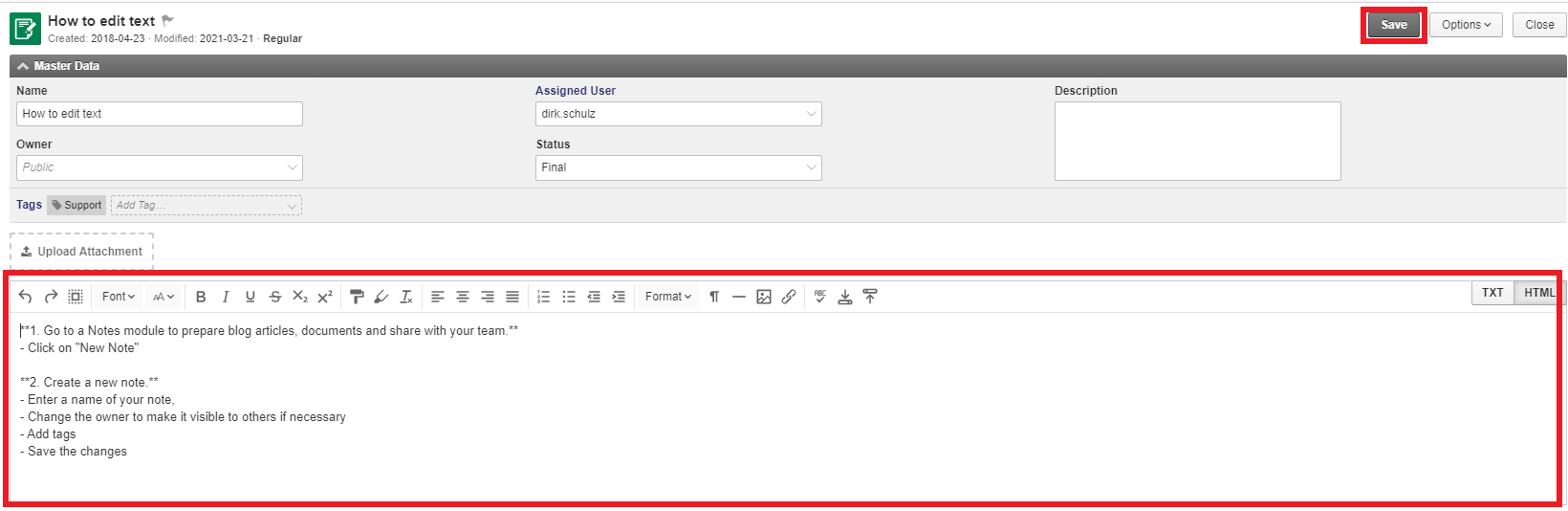 Note editor showing the rich text toolbar and the Save button highlighted in the top right