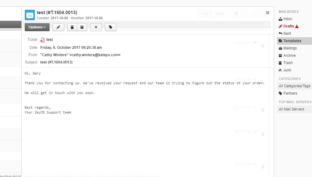 Example of a reusable email template with pre-filled subject and body