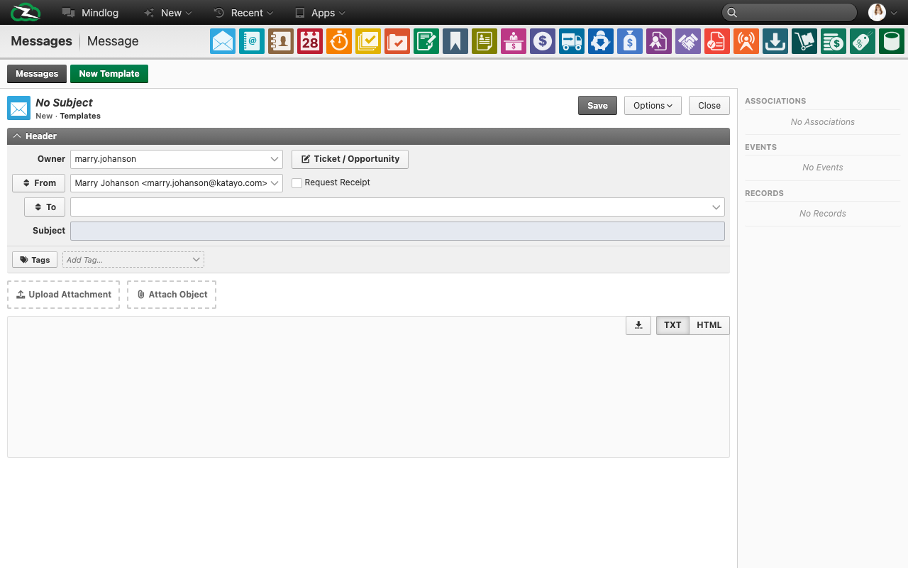 Example of a reusable email template with pre-filled subject and body