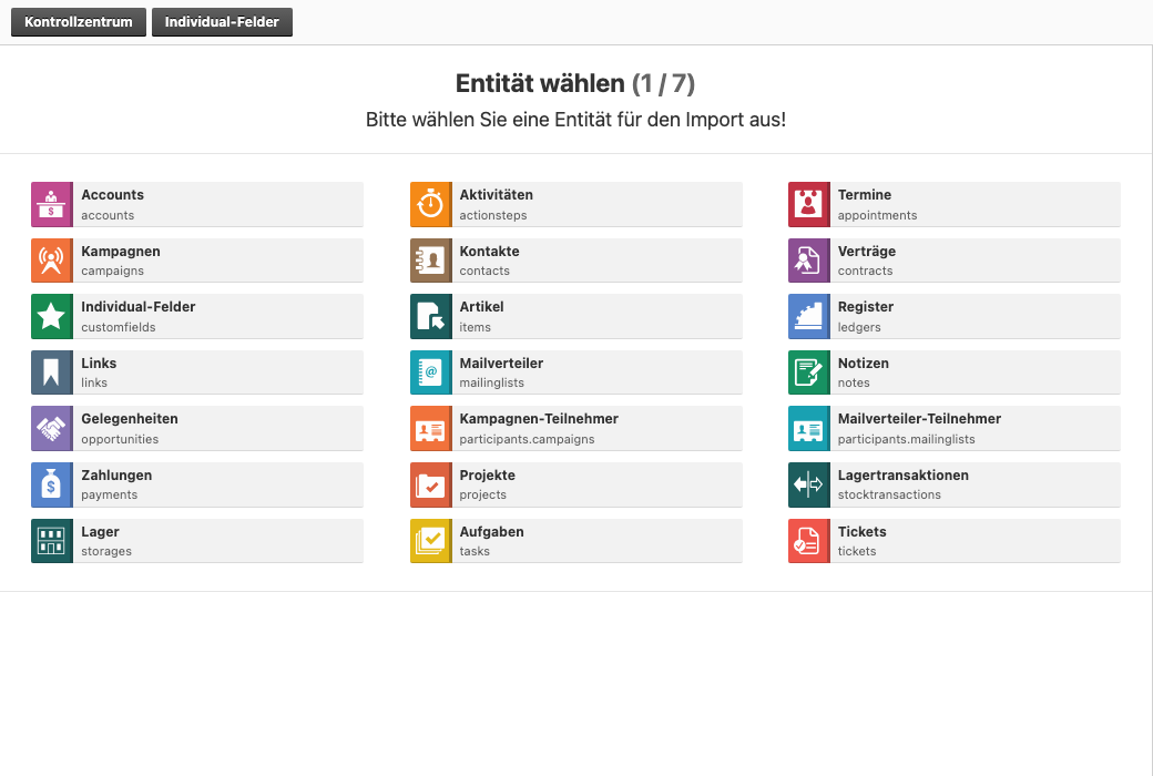 Entitätsauswahl-Schritt mit verfügbaren Importzielen