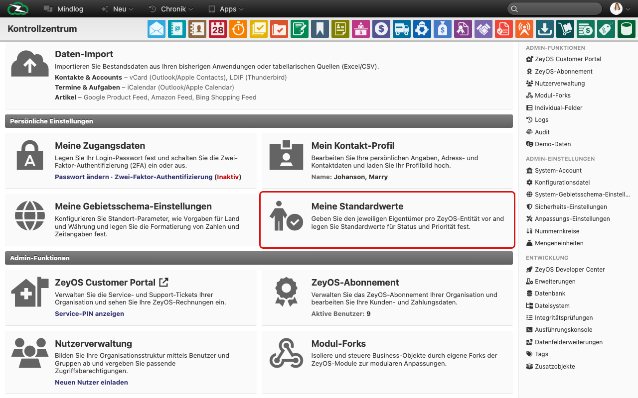 Konfigurationsseite für Individual-Felder