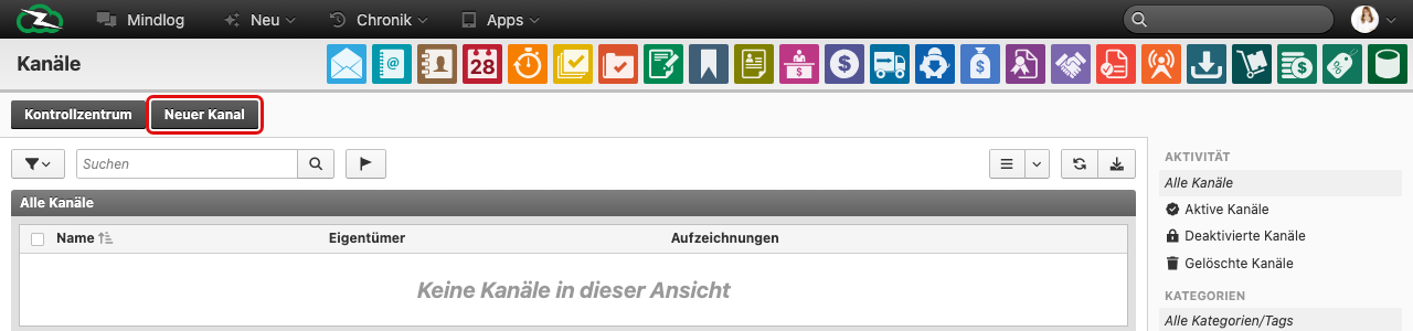 Formular für einen neuen Kanal mit Name und Eigentümer-Feldern