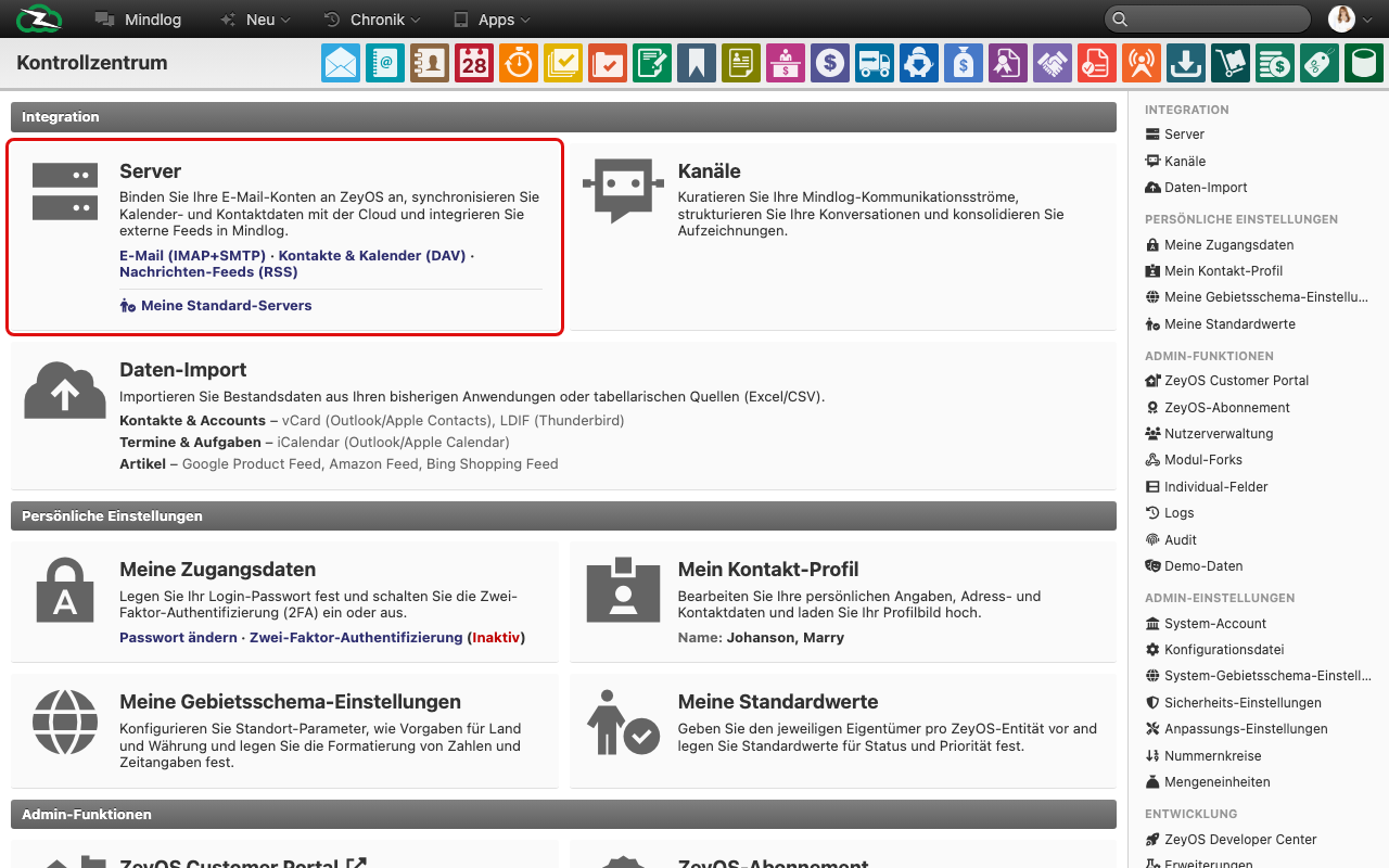 Serverseite mit Tabs für Mail-, DAV- und Feed-Server
